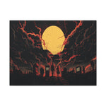 Fiery moon canvas art with silhouetted figures, moody wall poster