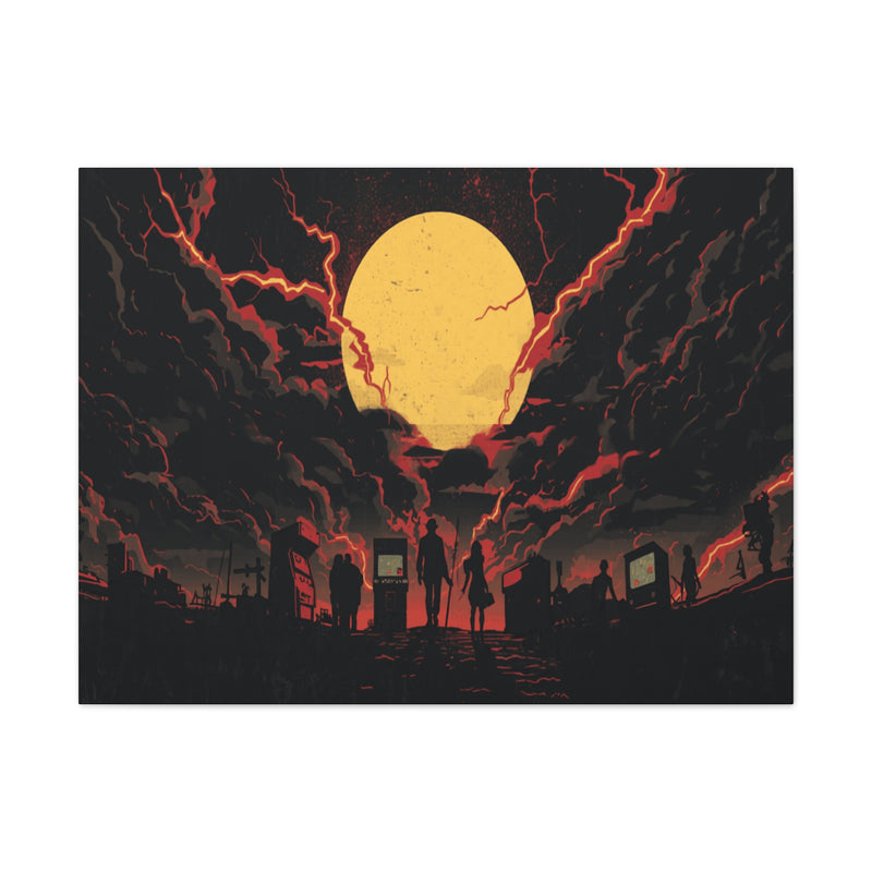 Fiery moon canvas art with silhouetted figures, moody wall poster