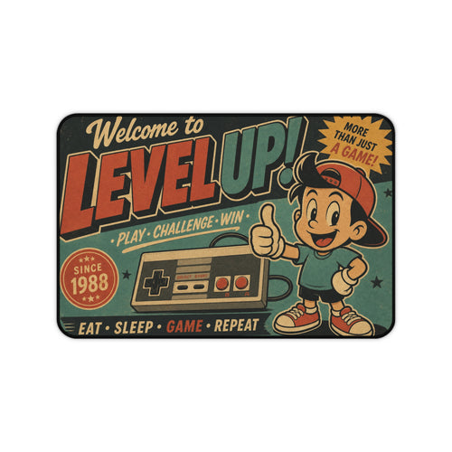 Level Up retro gaming desk mat with Eat Sleep Game Repeat design