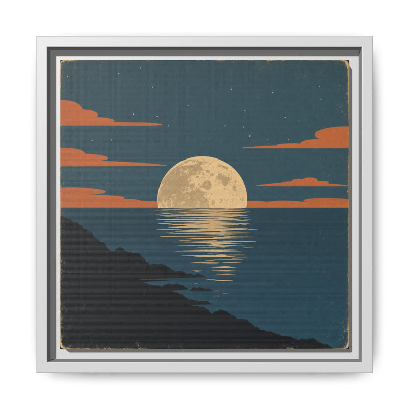 Moonlit ocean canvas print with full moon over the sea, framed wall art
