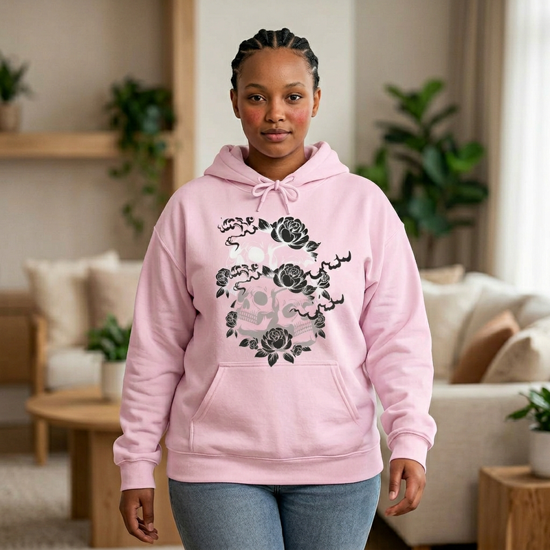 Skull graphic hoodie in retro streetwear style, front view