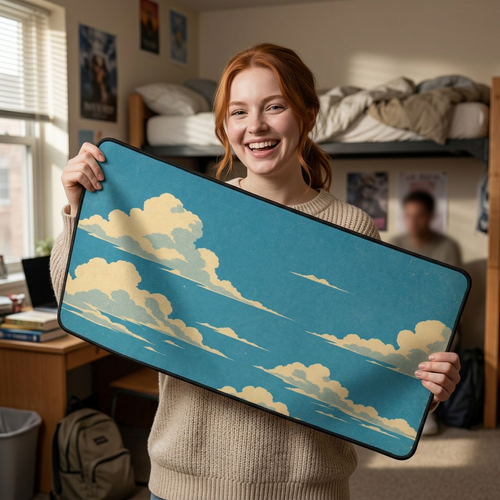 Retro sky desk mat with blue cloud design under keyboard and mouse