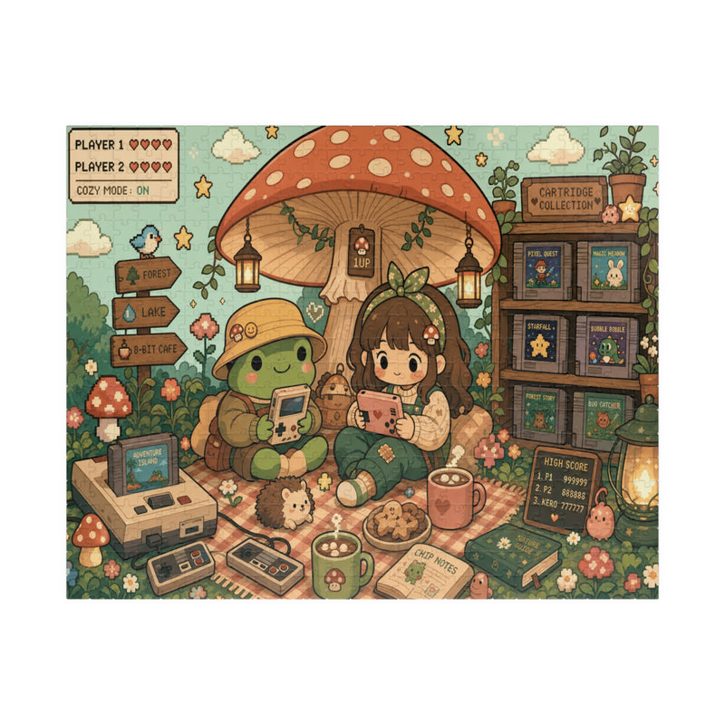 Mushroom game night jigsaw puzzle with cozy retro camping scene